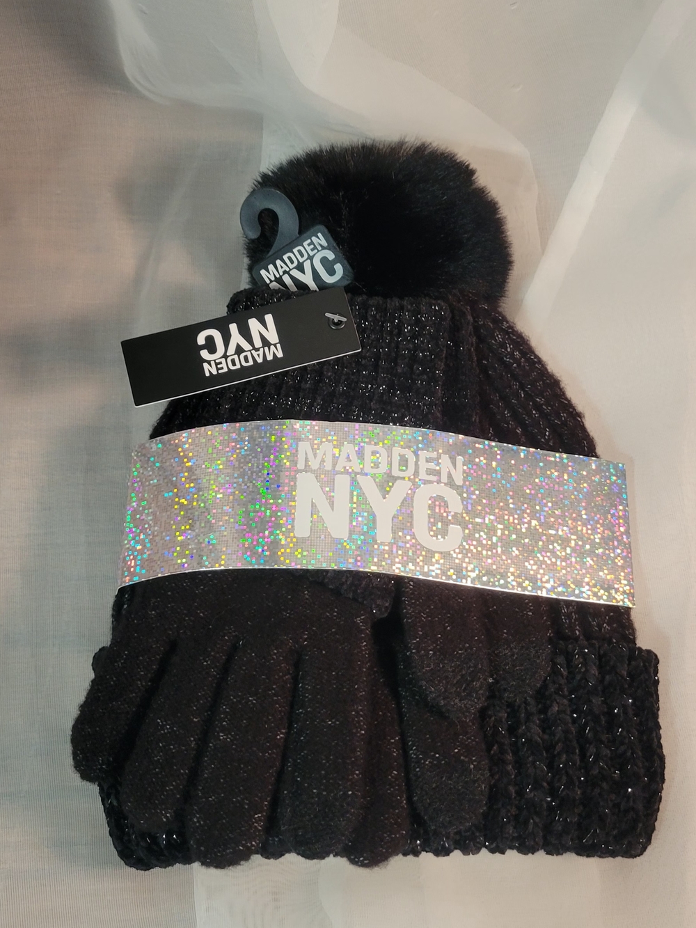 Steve Madden Black Sparkle Knit Pom Beanie with Matching Gloves